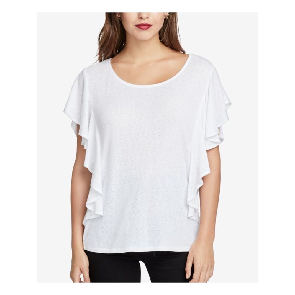 NWT RACHEL ROY Womens White Ruffled Short Sleeve Scoop Neck Top Size: S